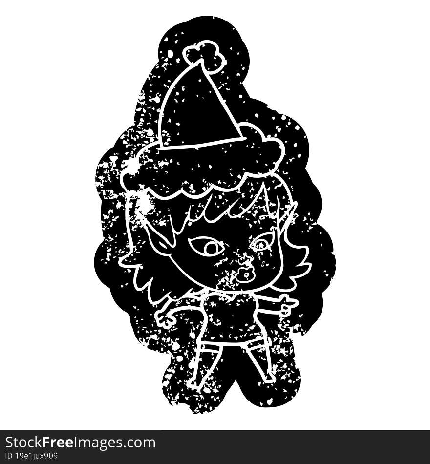 Pretty Cartoon Distressed Icon Of A Elf Girl Wearing Santa Hat