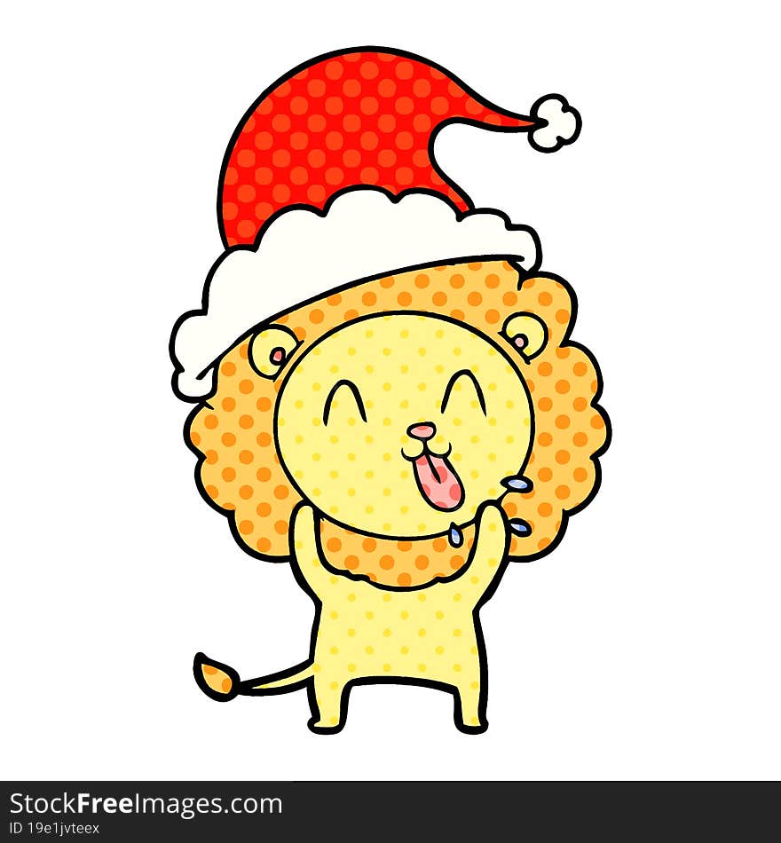 happy comic book style illustration of a lion wearing santa hat