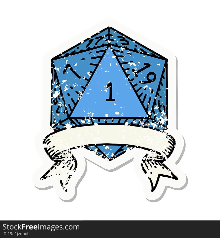 grunge sticker of a natural one d20 dice roll. grunge sticker of a natural one d20 dice roll