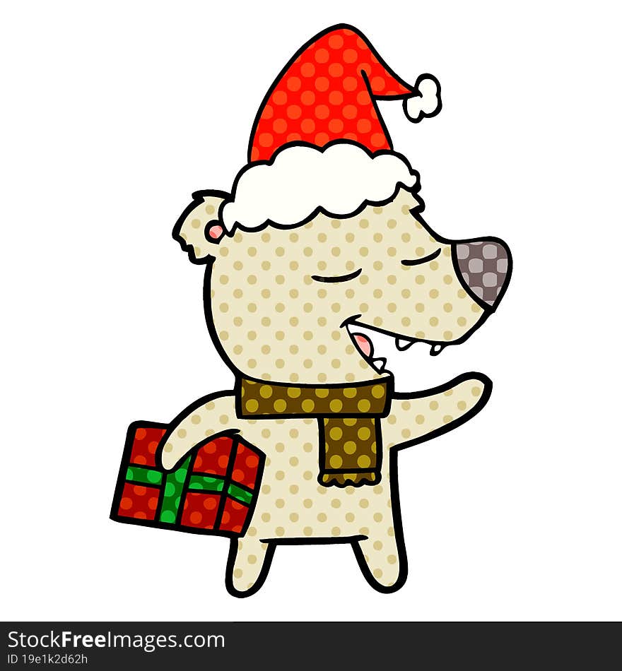 comic book style illustration of a bear with present wearing santa hat