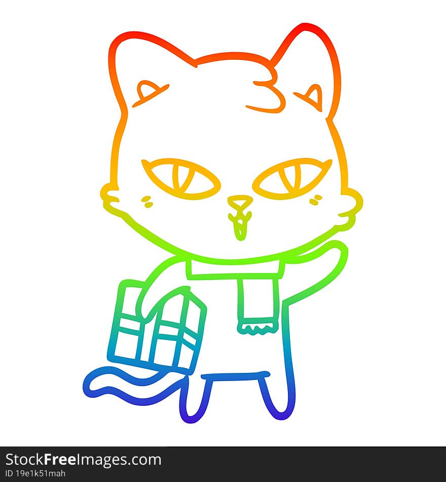 rainbow gradient line drawing of a cartoon cat with a present