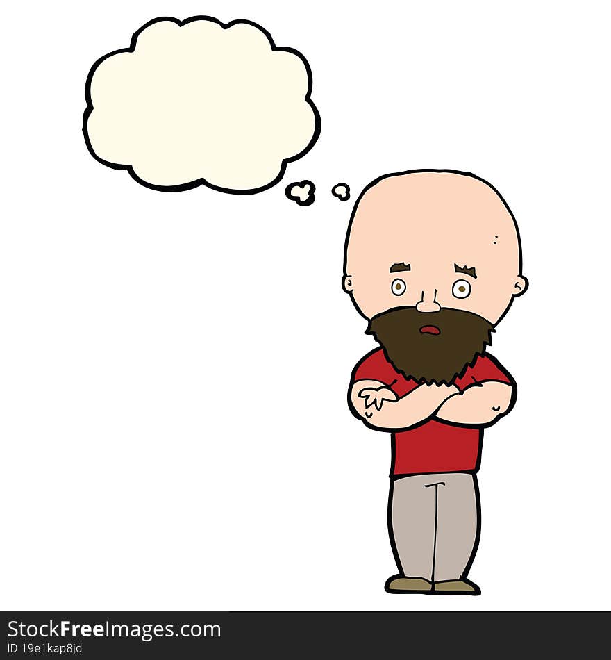 cartoon shocked bald man with beard with thought bubble