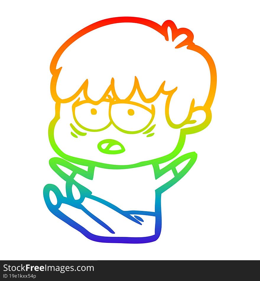 rainbow gradient line drawing cartoon exhausted boy