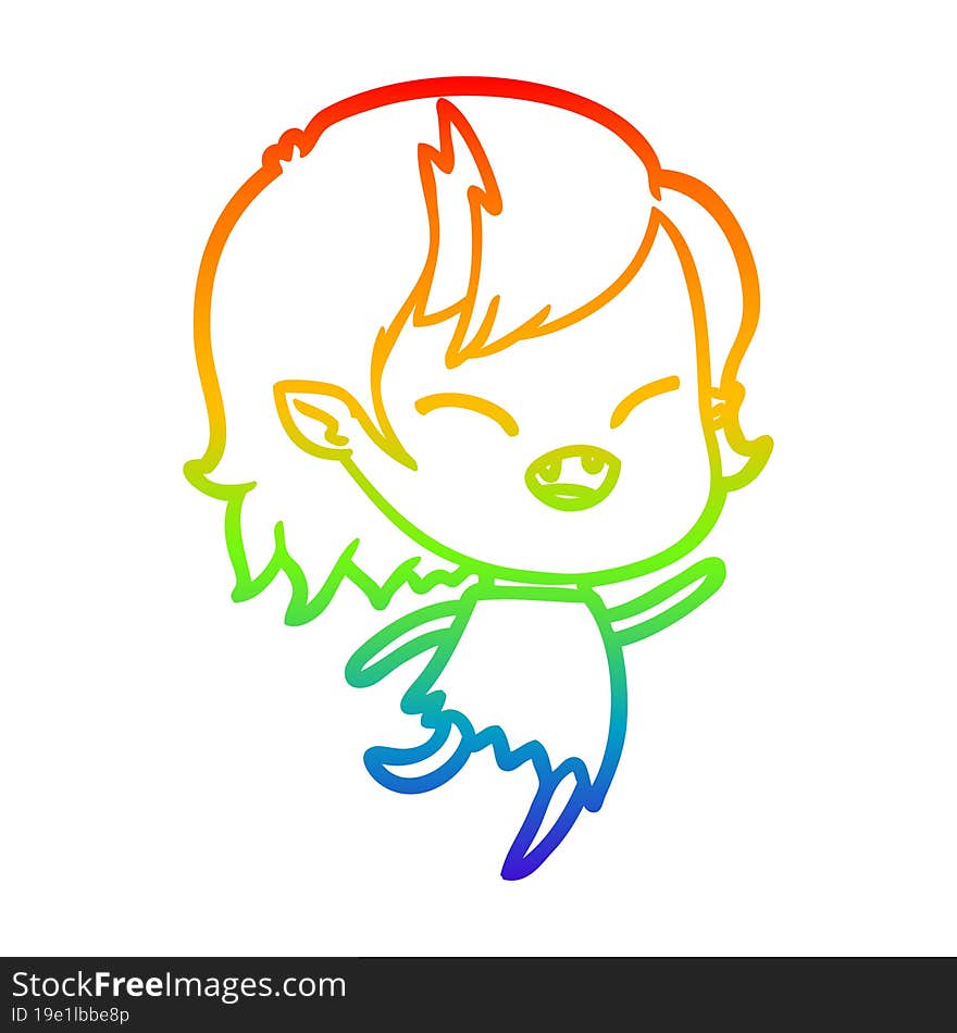 rainbow gradient line drawing of a cartoon laughing vampire girl