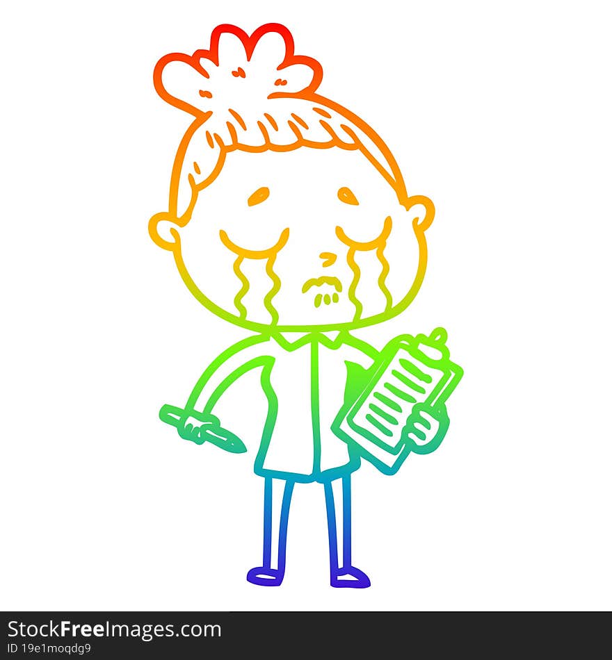 rainbow gradient line drawing cartoon crying saleswoman