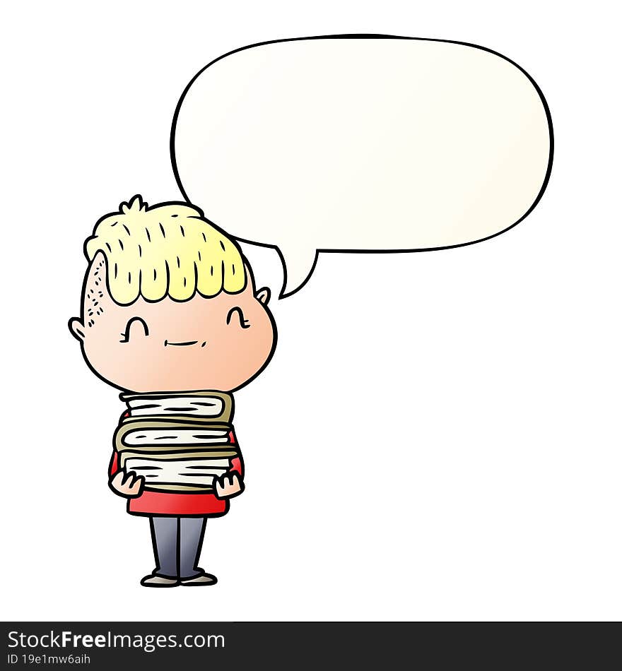 cartoon friendly boy and books and speech bubble in smooth gradient style