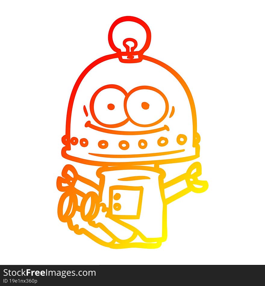 warm gradient line drawing of a happy carton robot with light bulb