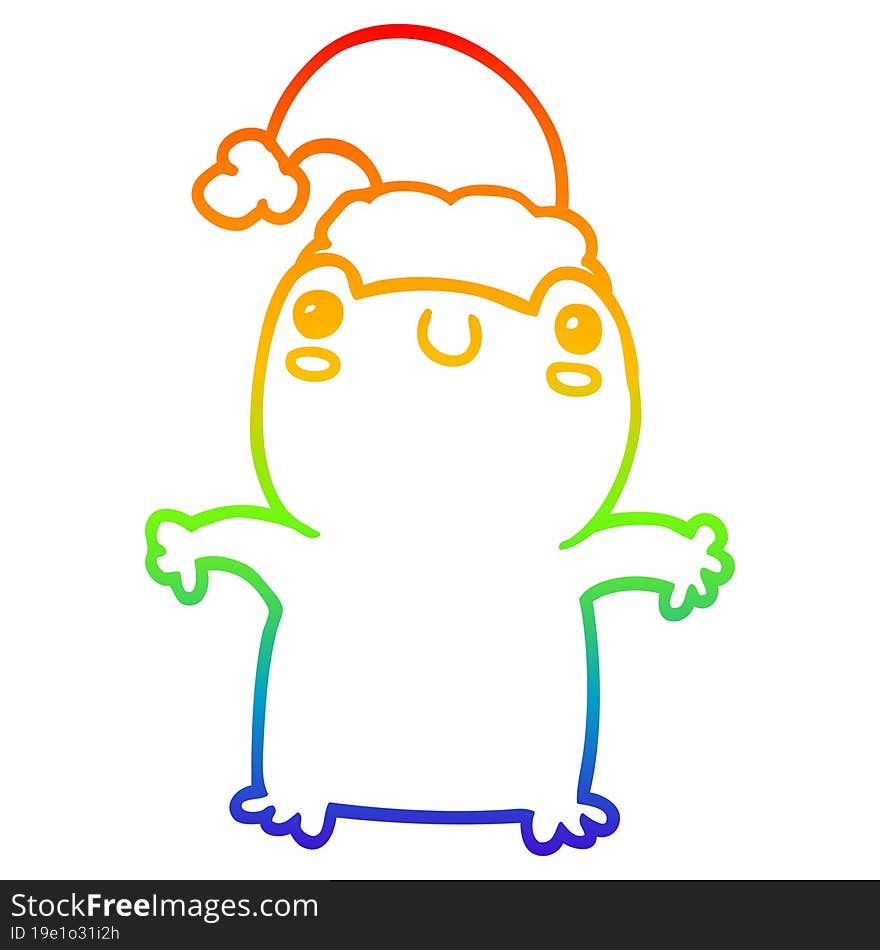 rainbow gradient line drawing of a cute cartoon frog wearing christmas hat