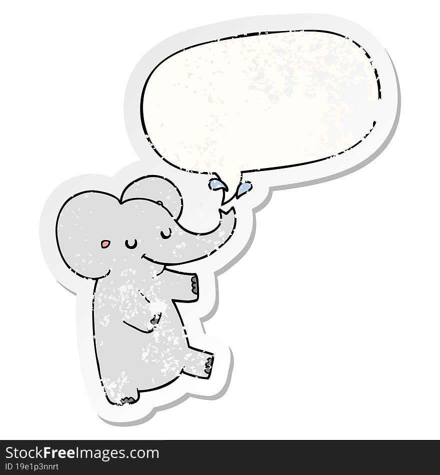 cartoon dancing elephant with speech bubble distressed distressed old sticker. cartoon dancing elephant with speech bubble distressed distressed old sticker