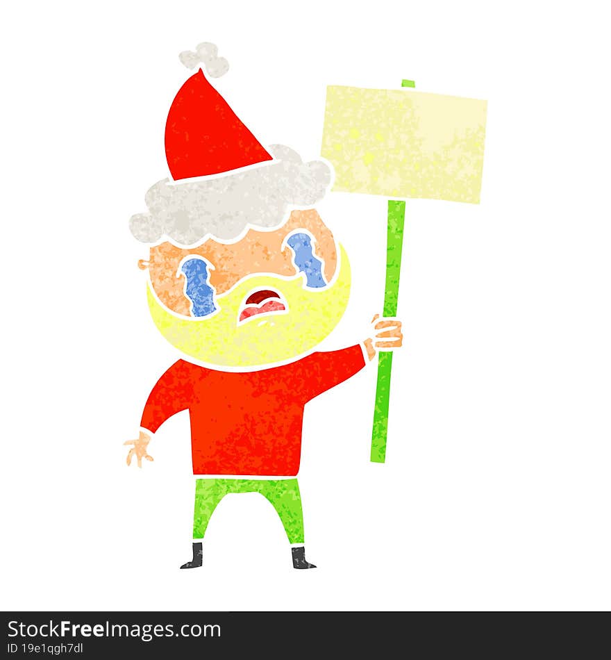 retro cartoon of a bearded protester crying wearing santa hat