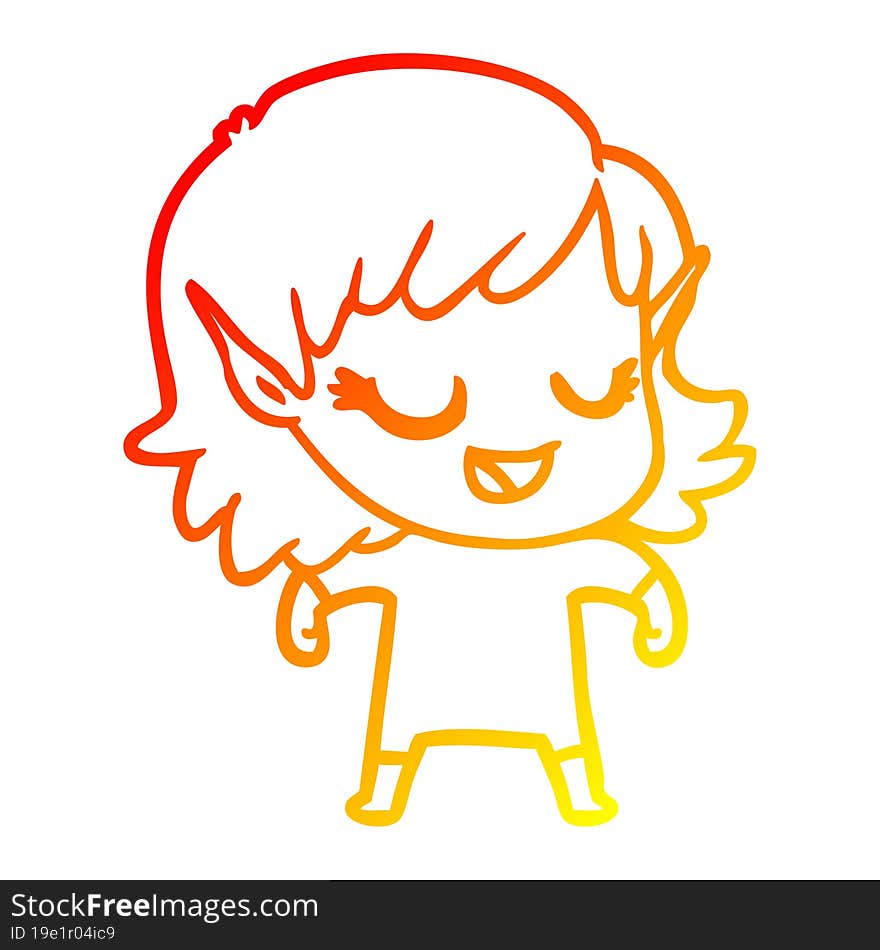 Warm Gradient Line Drawing Happy Cartoon Elf Girl