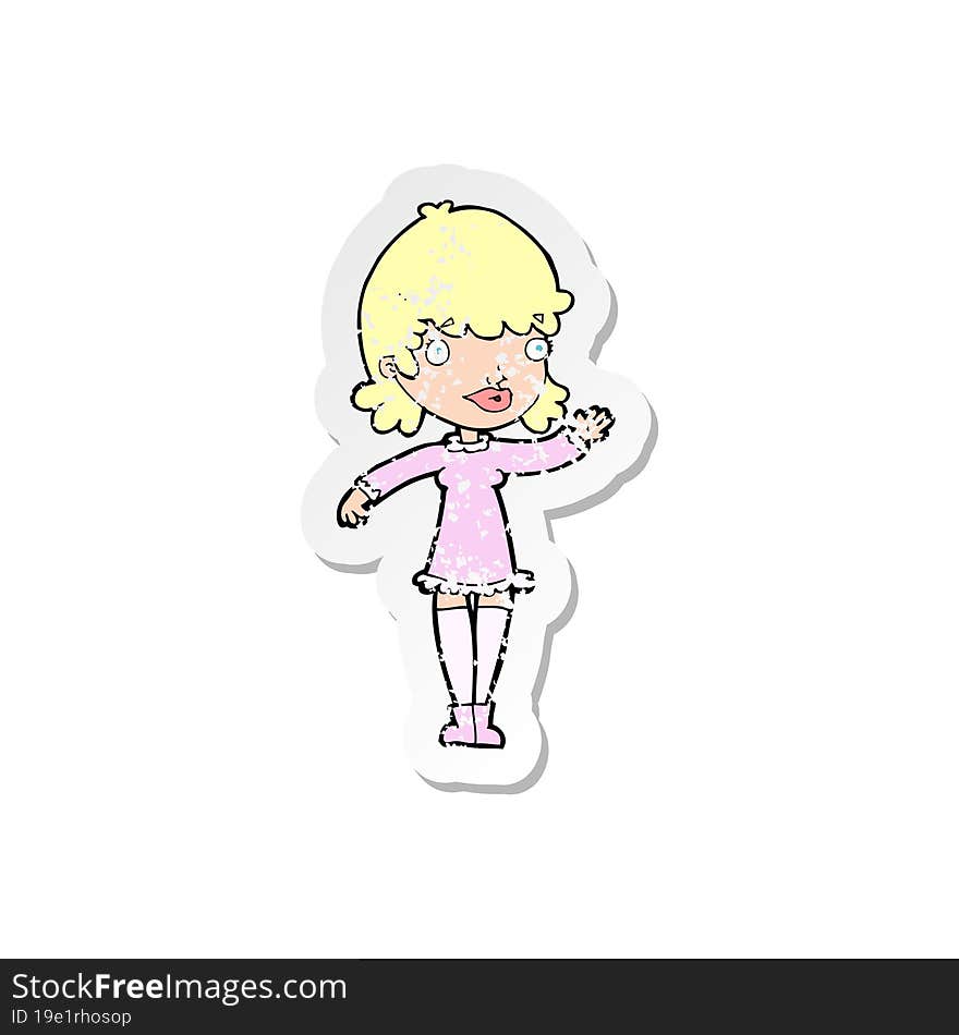 retro distressed sticker of a cartoon woman waving