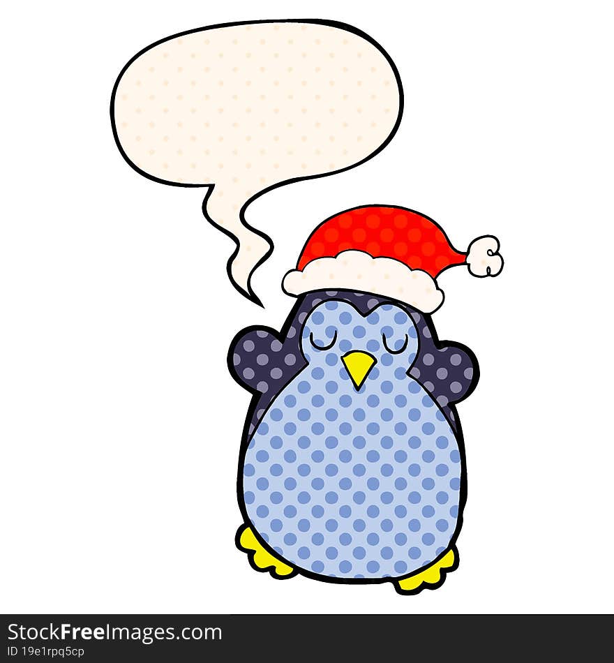 cute christmas penguin and speech bubble in comic book style