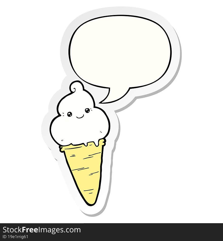 cartoon ice cream with speech bubble sticker. cartoon ice cream with speech bubble sticker