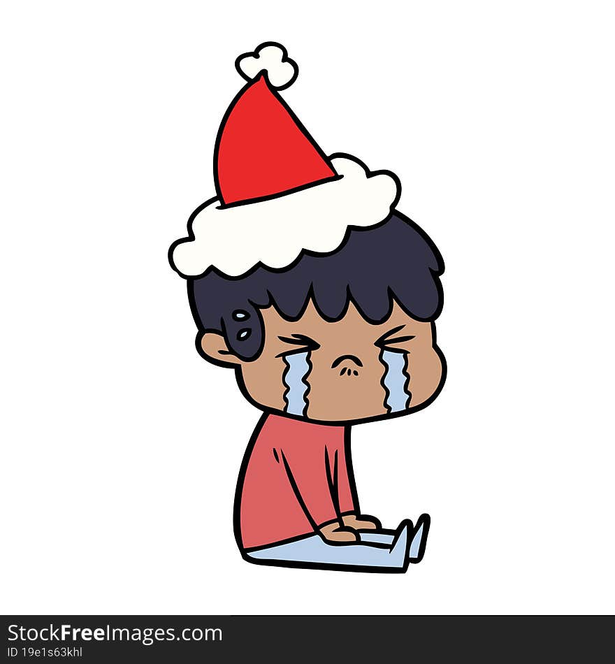 Line Drawing Of A Boy Crying Wearing Santa Hat