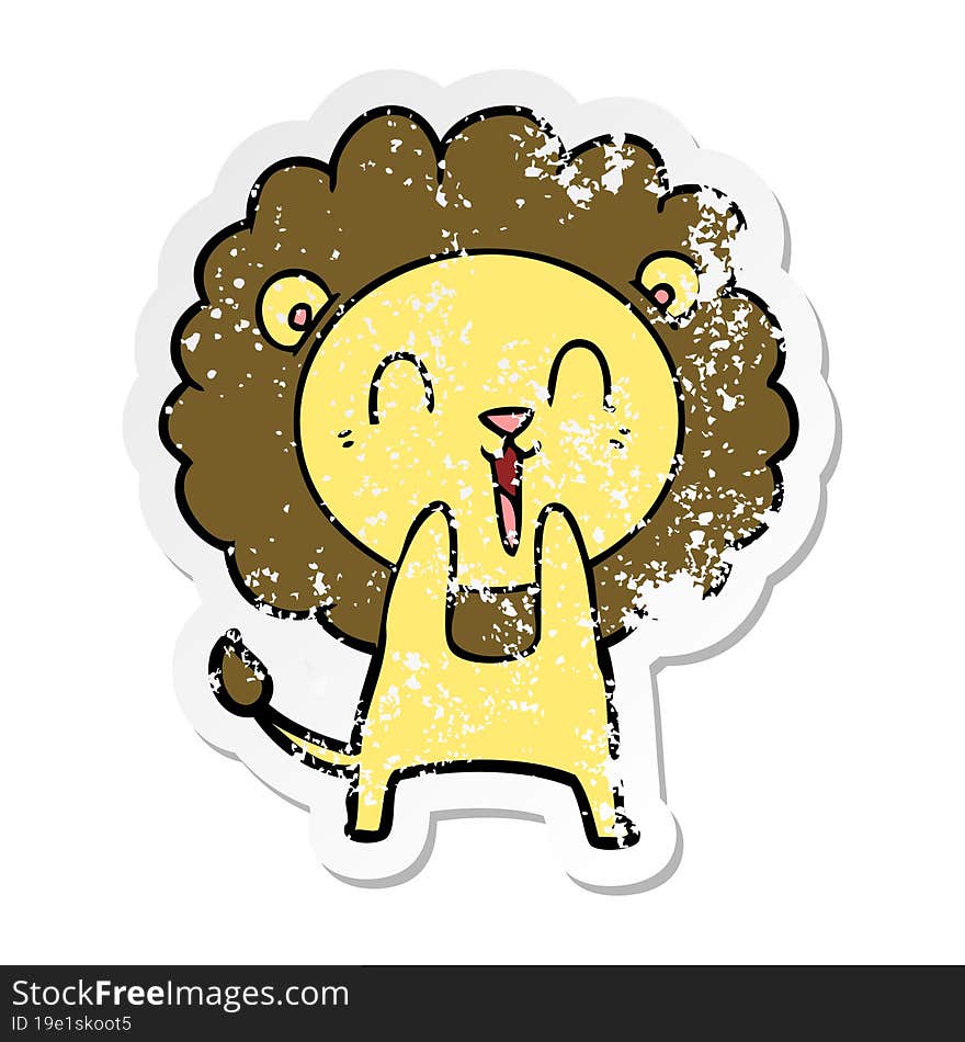 distressed sticker of a laughing lion cartoon