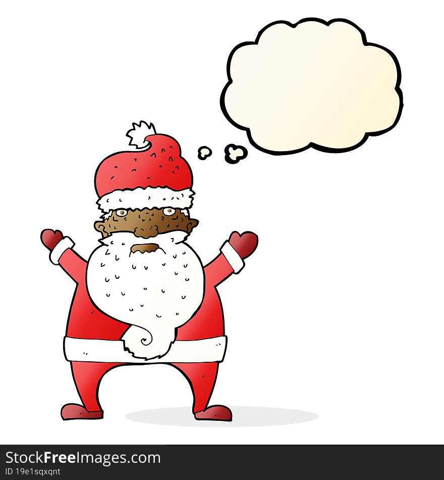 cartoon ugly santa claus with thought bubble