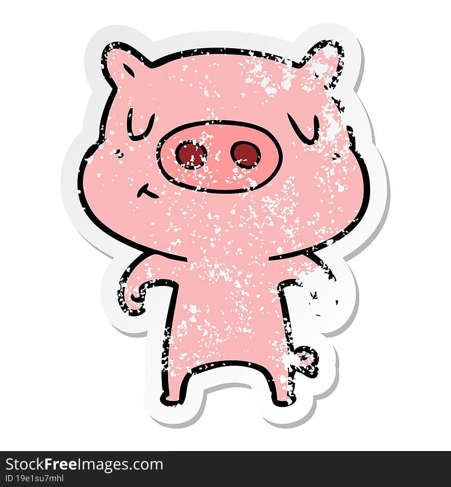 distressed sticker of a cartoon content pig