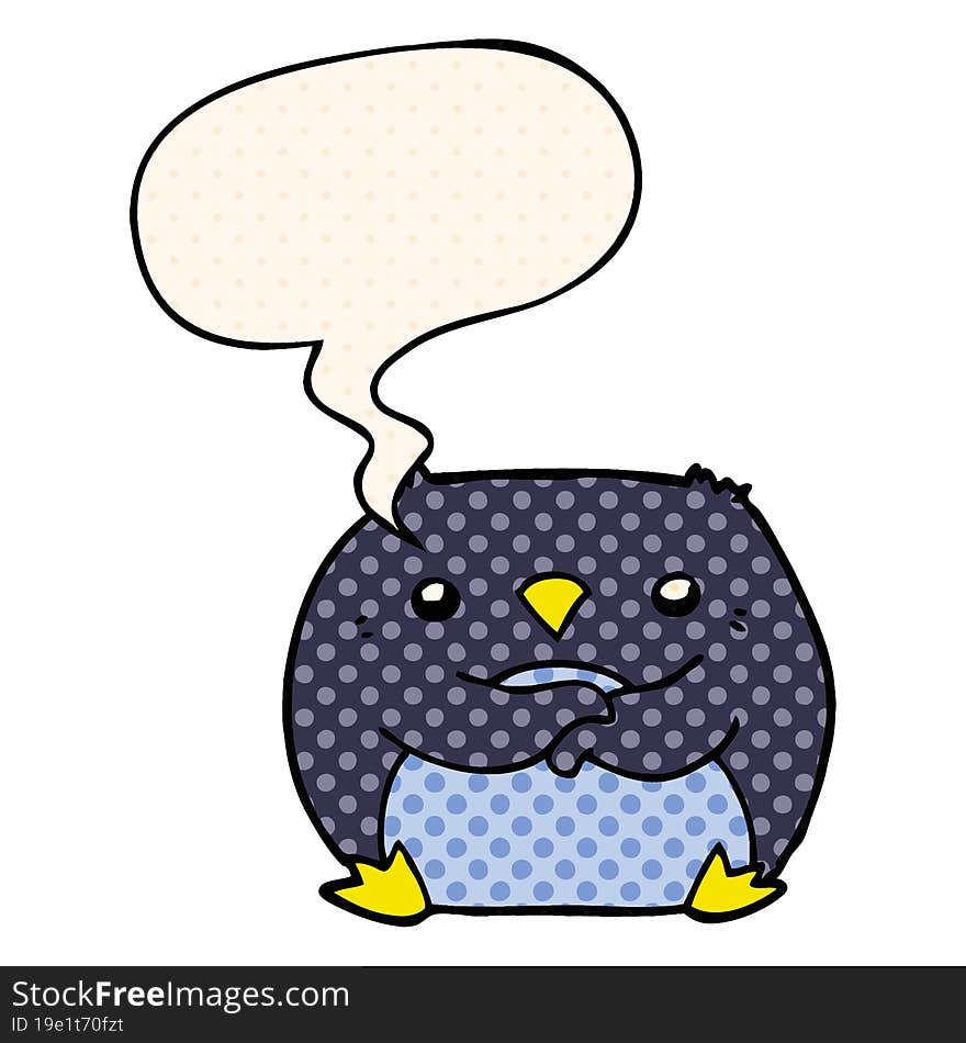 cartoon penguin with speech bubble in comic book style