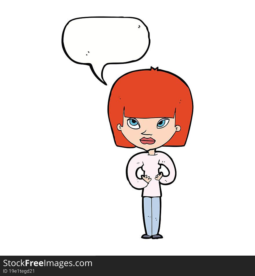 cartoon woman gesturing at herself with speech bubble