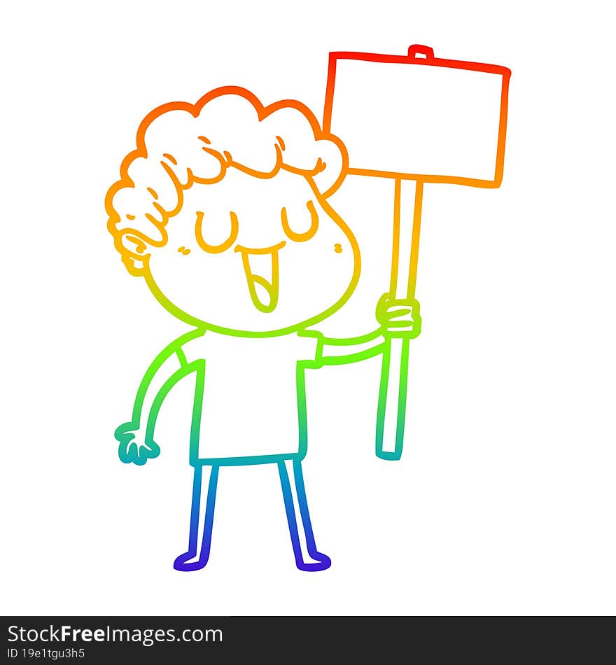 rainbow gradient line drawing of a laughing cartoon man with black signpost