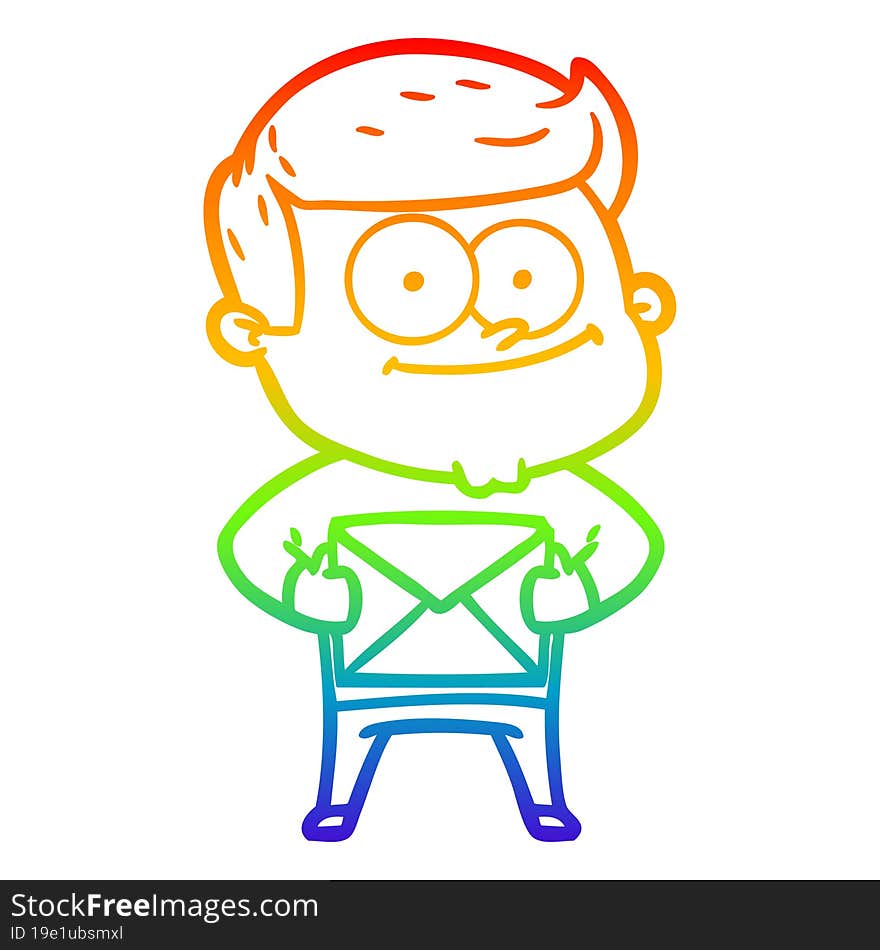 rainbow gradient line drawing of a cartoon happy man holding letter