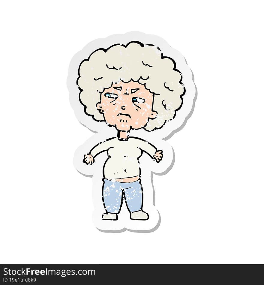 retro distressed sticker of a cartoon annoyed old woman