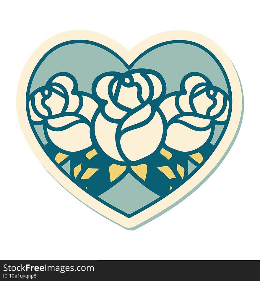 sticker of tattoo in traditional style of a heart and flowers. sticker of tattoo in traditional style of a heart and flowers