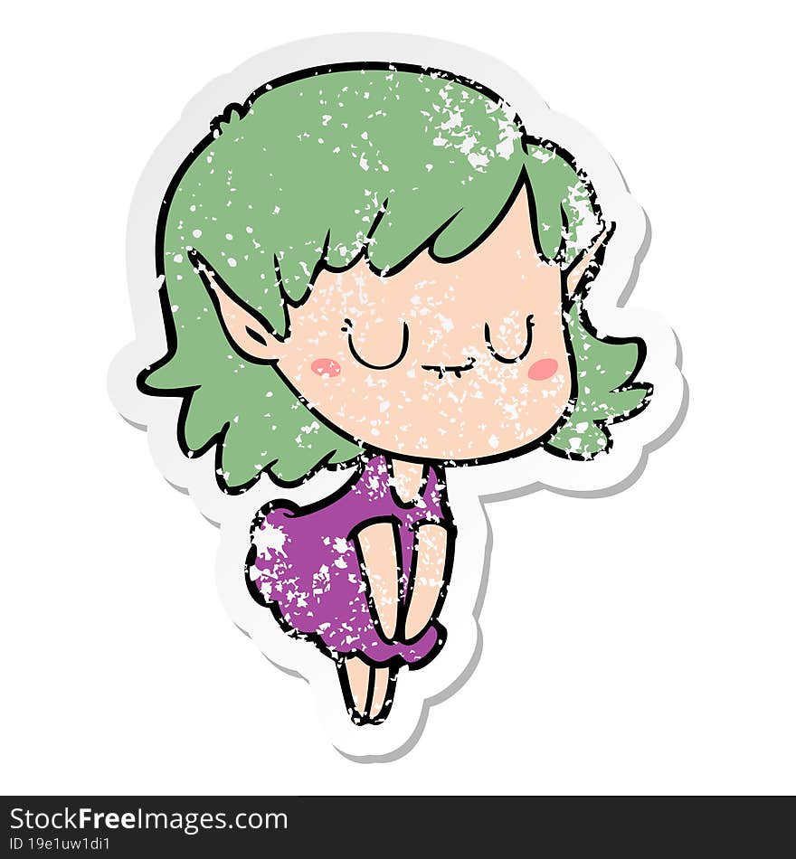 distressed sticker of a happy cartoon elf girl wearing dress