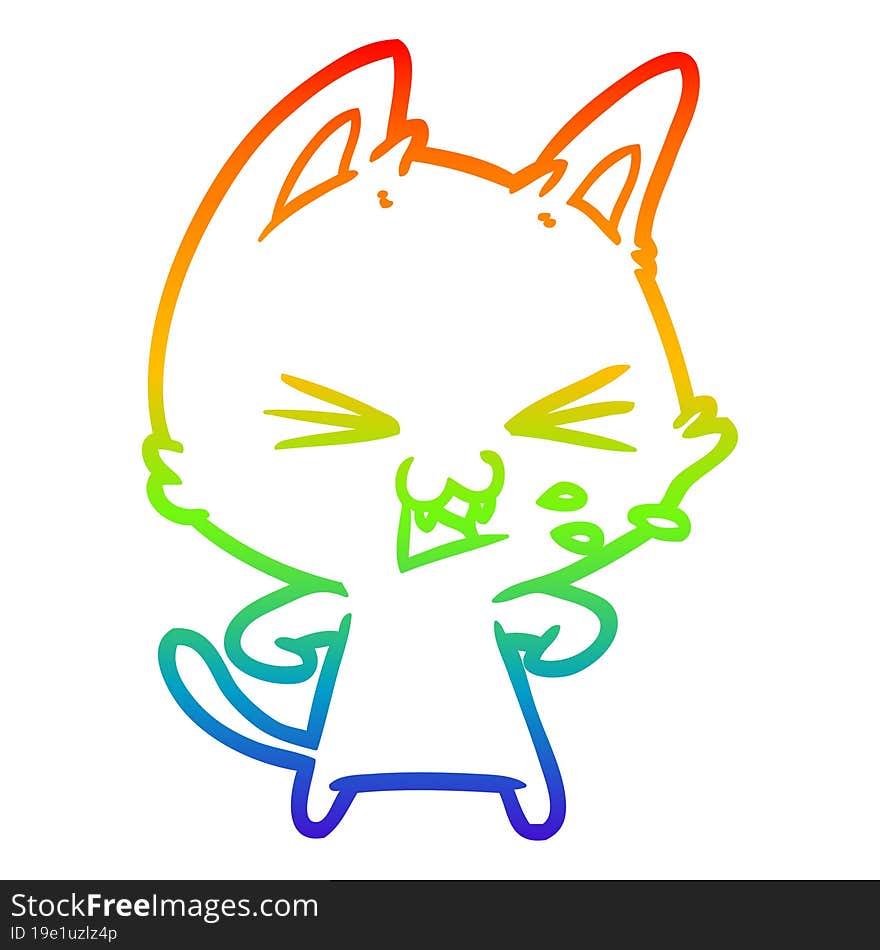 rainbow gradient line drawing of a cartoon cat hissing