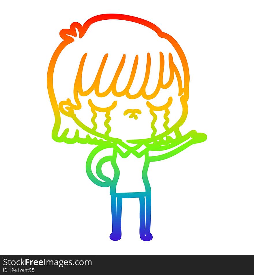 rainbow gradient line drawing of a cartoon woman crying