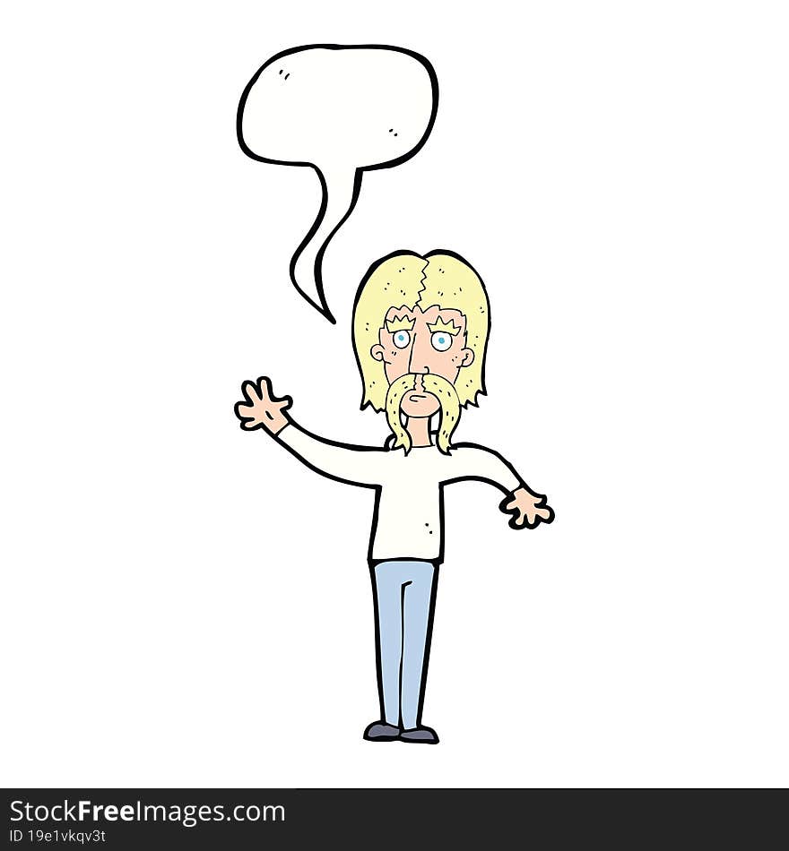 cartoon waving man with mustache with speech bubble