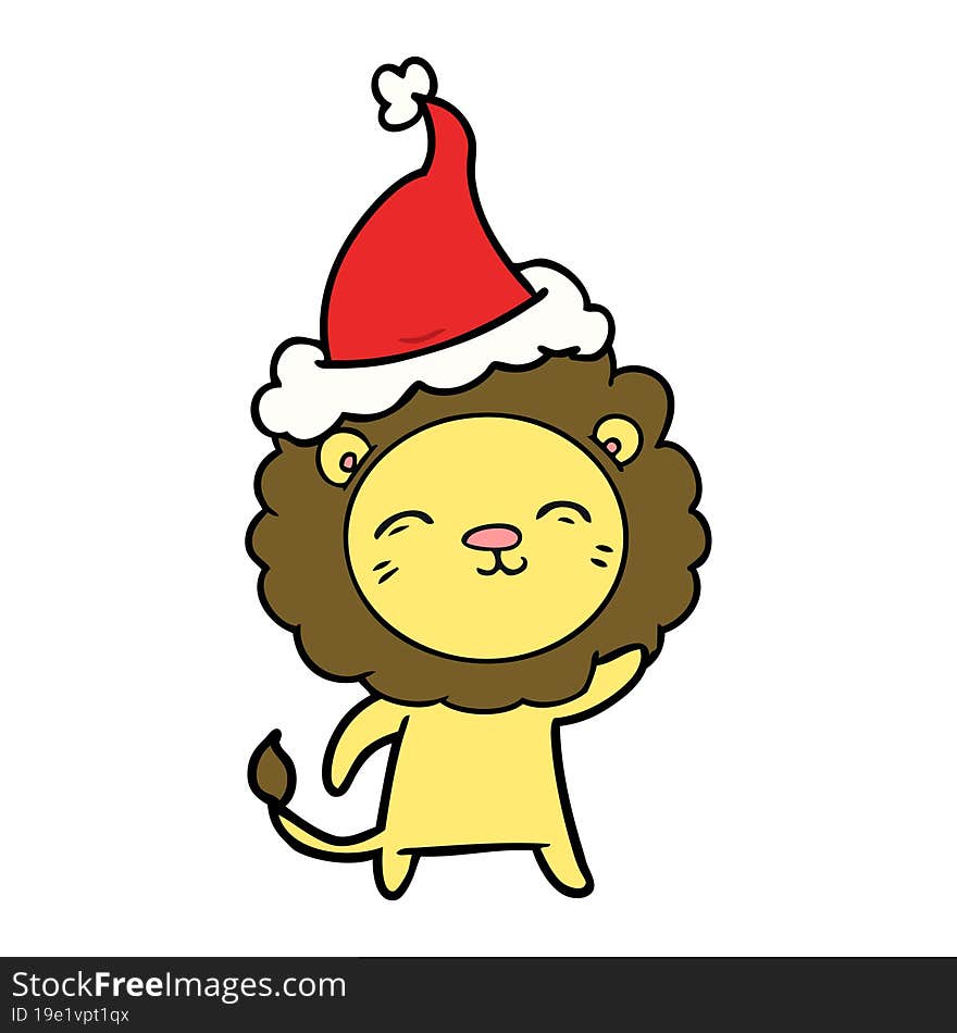 hand drawn line drawing of a lion wearing santa hat