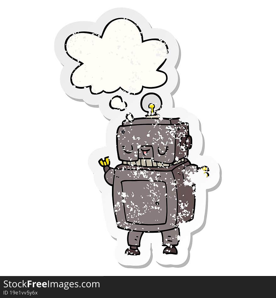 cartoon robot and thought bubble as a distressed worn sticker