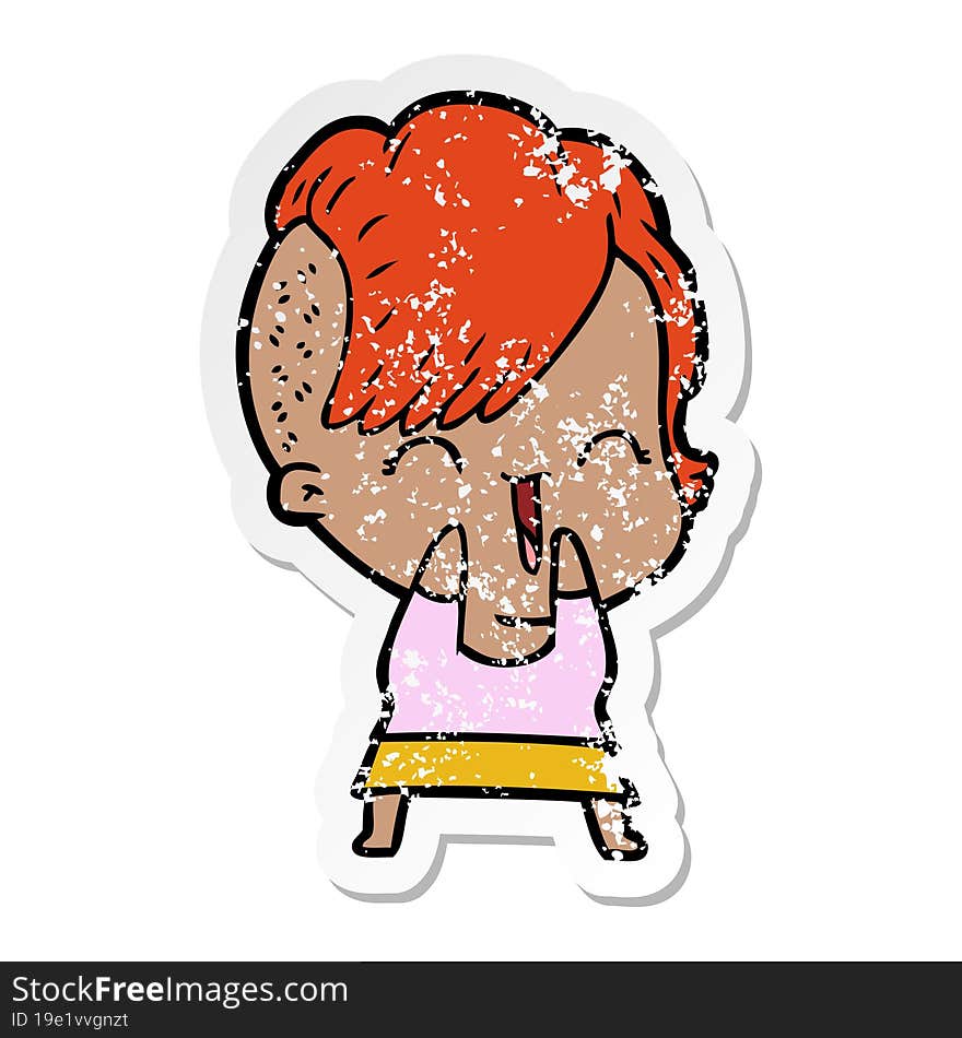 distressed sticker of a cartoon happy hipster girl