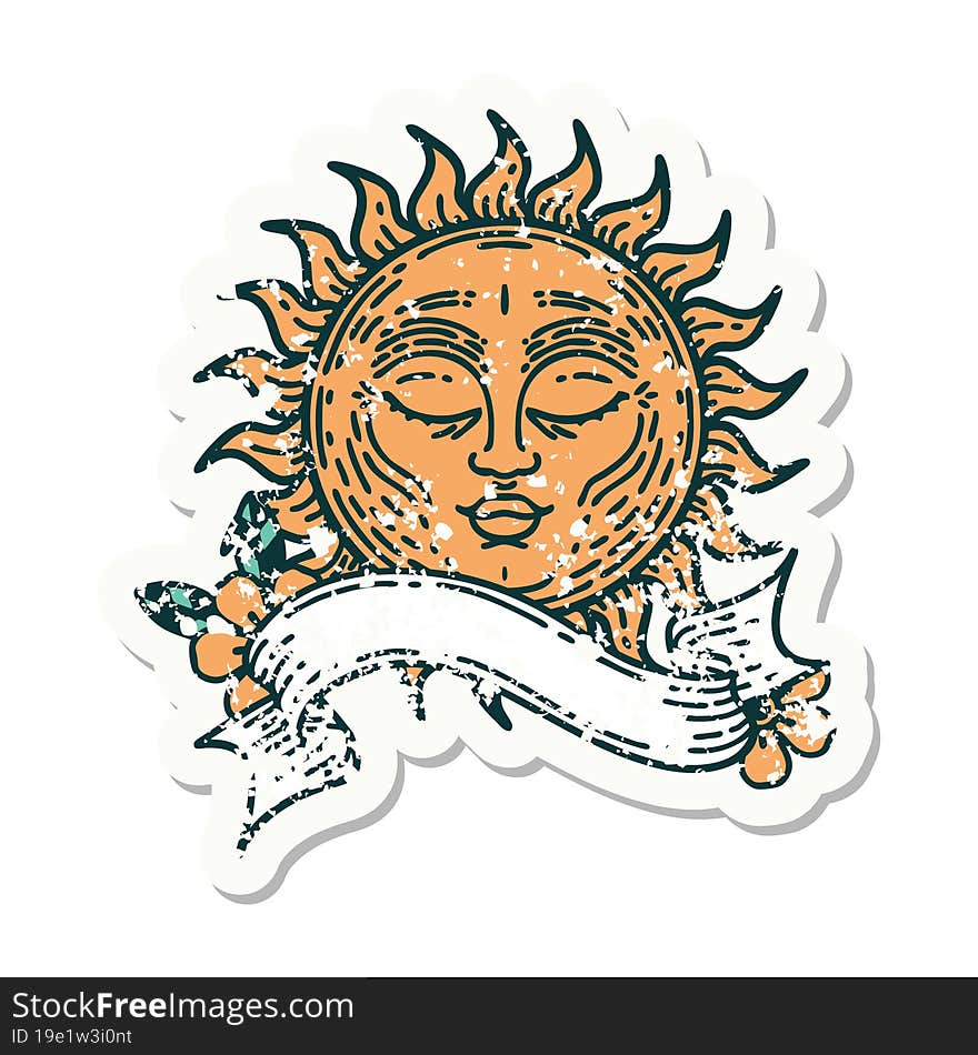 grunge sticker with banner of a sun