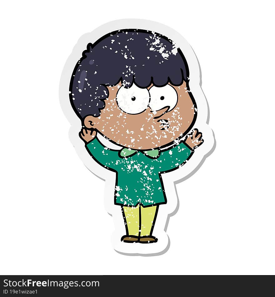 distressed sticker of a cartoon curious boy