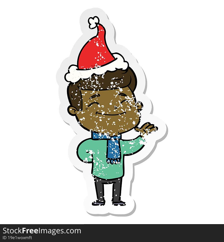 happy distressed sticker cartoon of a man wearing santa hat