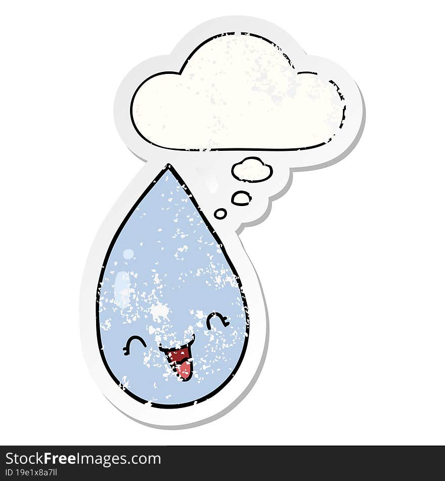 Cartoon Raindrop And Thought Bubble As A Distressed Worn Sticker