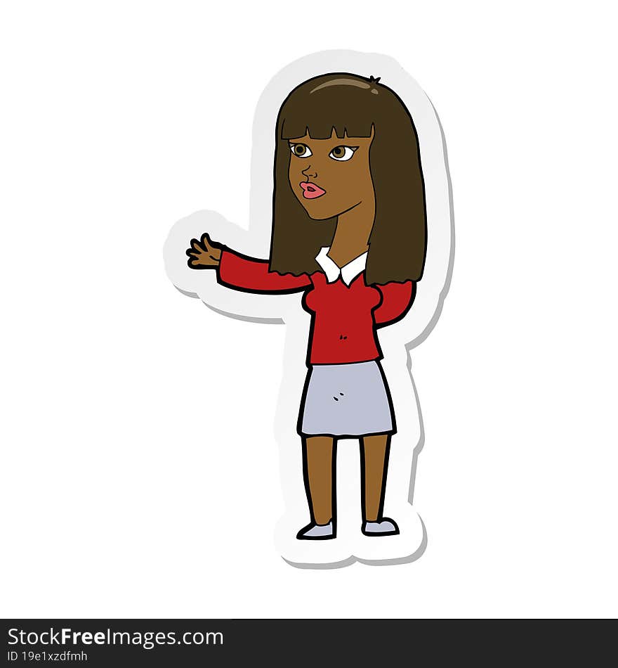 sticker of a cartoon woman gesturing to show something