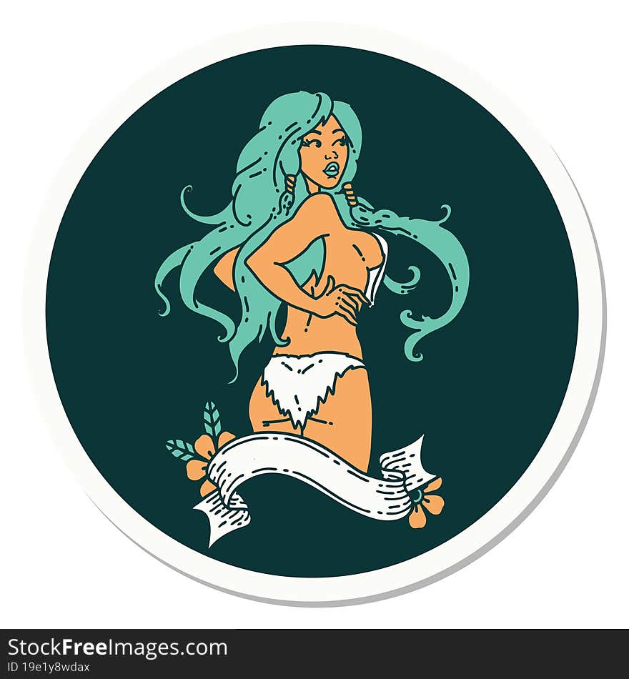 sticker of tattoo in traditional style of a pinup viking girl with banner. sticker of tattoo in traditional style of a pinup viking girl with banner