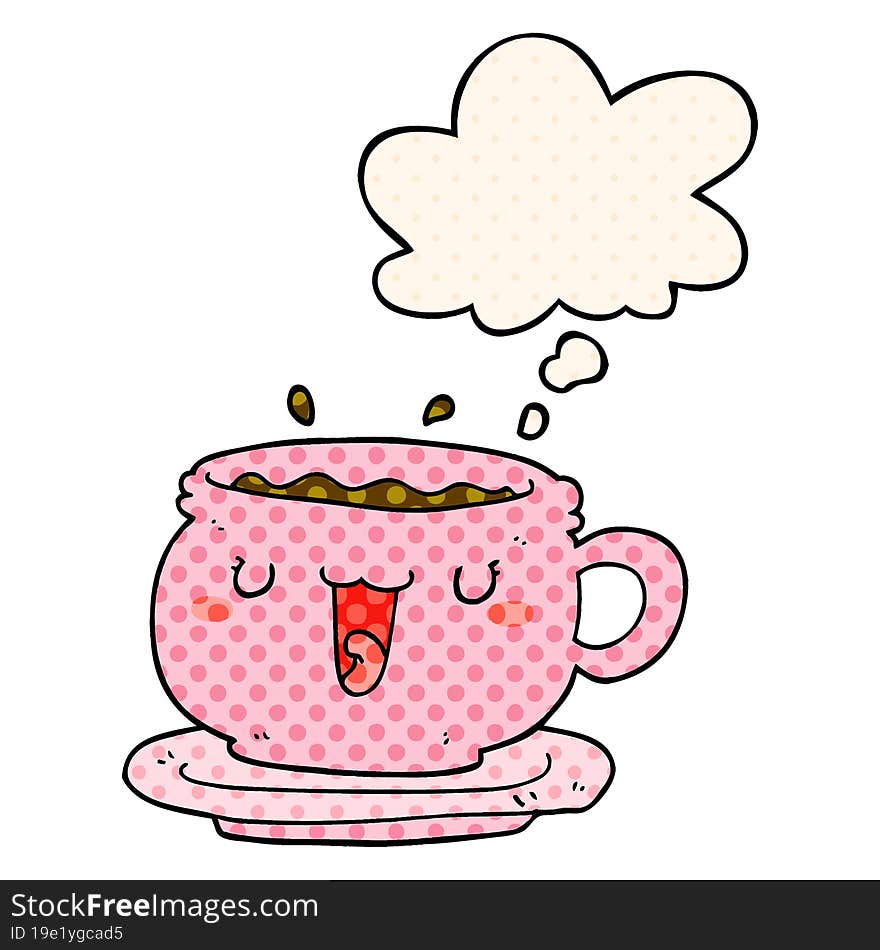 cute cartoon cup and saucer with thought bubble in comic book style