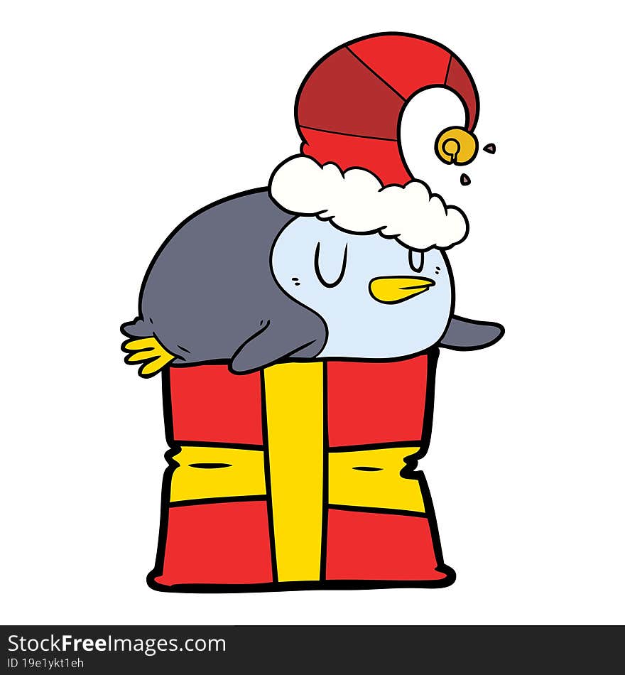 cartoon penguin wearing christmas hat. cartoon penguin wearing christmas hat