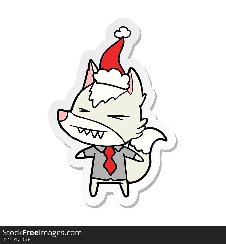 angry wolf boss hand drawn sticker cartoon of a wearing santa hat. angry wolf boss hand drawn sticker cartoon of a wearing santa hat