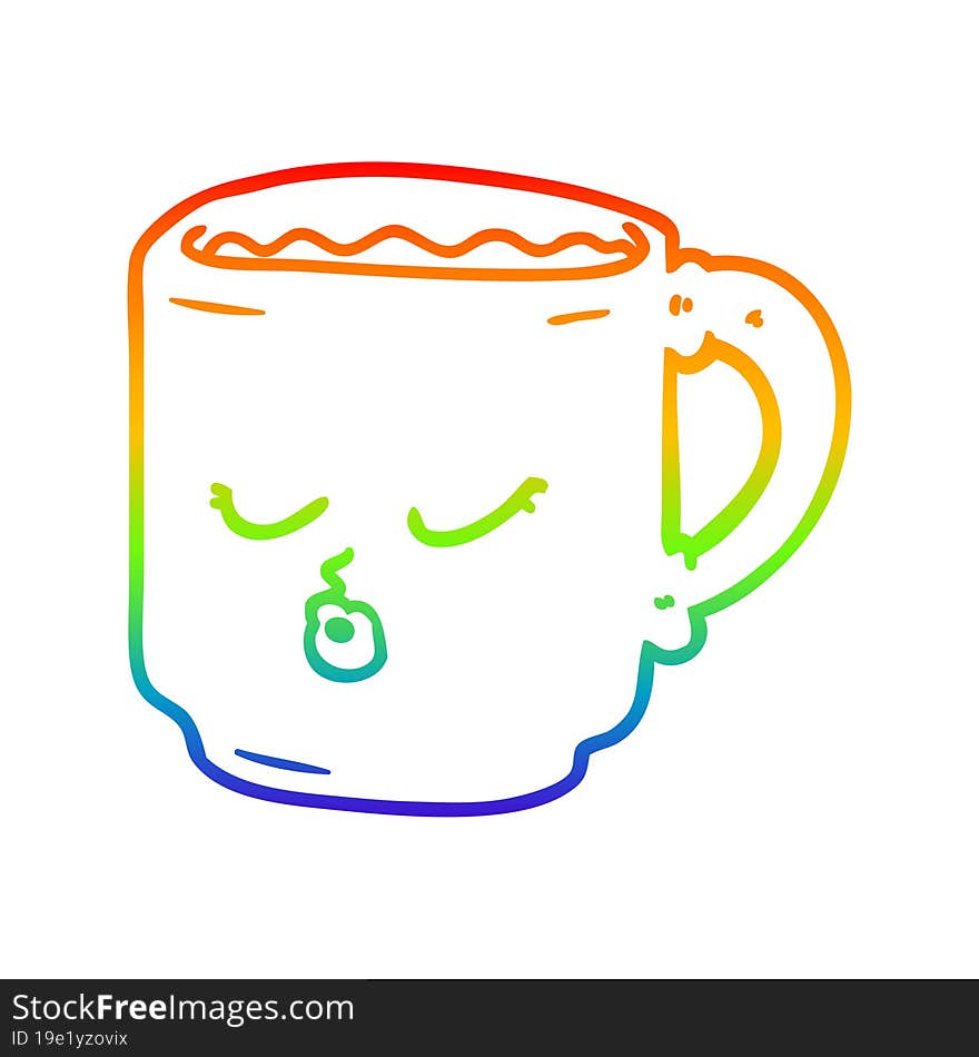 rainbow gradient line drawing of a cartoon coffee mug