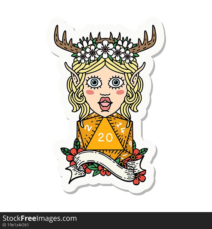 sticker of a elf druid character with natural twenty dice roll. sticker of a elf druid character with natural twenty dice roll