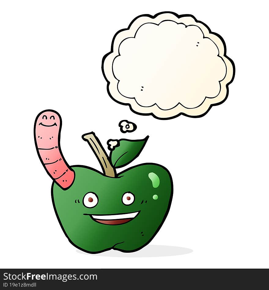 cartoon apple with worm with thought bubble