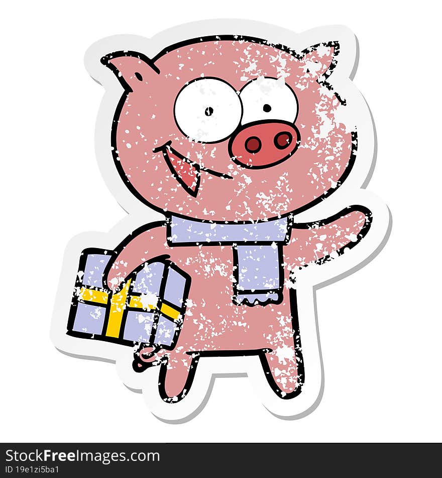 distressed sticker of a cheerful pig with christmas gift