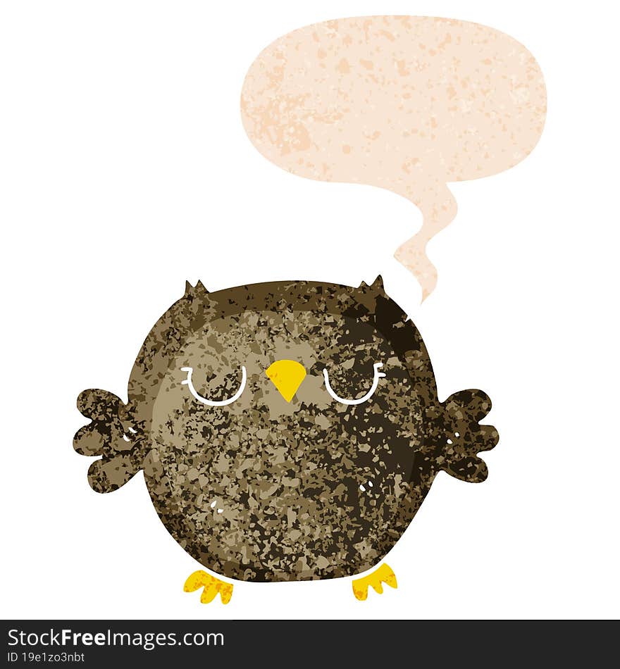 cartoon owl and speech bubble in retro textured style