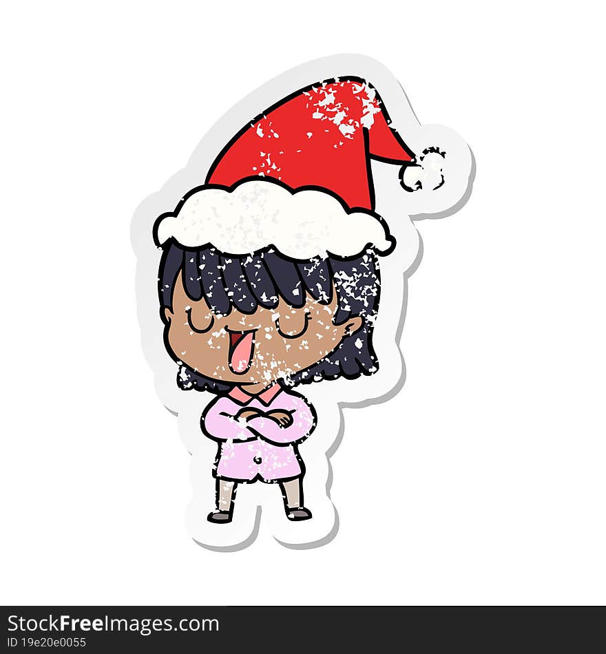 hand drawn distressed sticker cartoon of a woman wearing santa hat